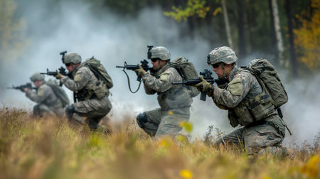A group of soldiers in camouflage move through smoke on grassy terrain during a military training exercise.の素材