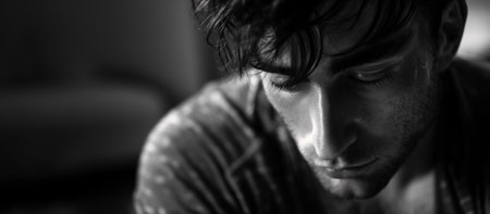 A black and white portrait of a man with a downcast expression, his head bowed in a reflective, moody atmosphere.の素材