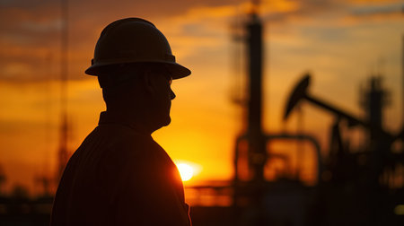 A silhouette of a hard-hatted worker standing before an industrial oilfield backdrop, with the sunset creating a dramatic effect.の素材