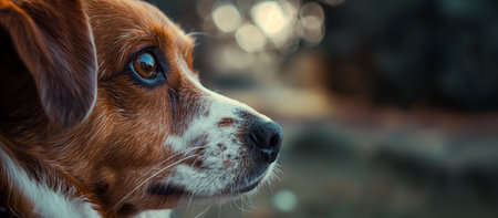 Side profile of a brown and white dog with a wistful gaze against a blurred natural backdrop, highlighting a moment of canine contemplation.の素材