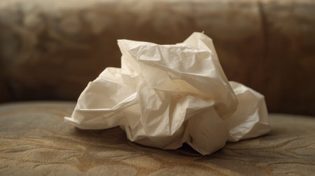 A discarded piece of crumpled paper lies on the surface of a textured couch, suggesting a moment of frustration or creativity.の素材