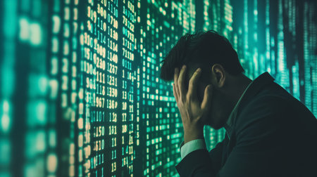 A man in a dark suit appears overwhelmed in front of a screen displaying a complex array of digital data, symbolizing stress in technology.の素材