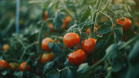 Sunlight bathes ripe, red tomatoes hanging from the vine in an abundant garden, signaling a bountiful harvest.の素材