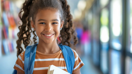 A young schoolgirl with a beaming smile, holding textbooks, standing in a hallway, representing learning and happiness.の素材