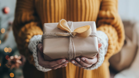Close-up of hands gently holding a beautifully wrapped gift with a natural paper and twine, topped with a delicate golden bow.の素材