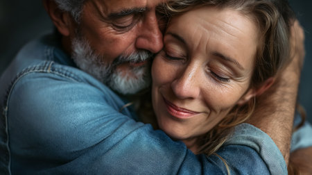 An intimate moment between an elderly couple as they embrace, conveying deep affection and comfort in each other's presence, evoking emotions of enduring love.の素材