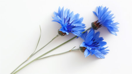 Vivid blue cornflowers with delicate petals and green stems arranged elegantly against a stark white background, accentuating their natural beauty.の素材