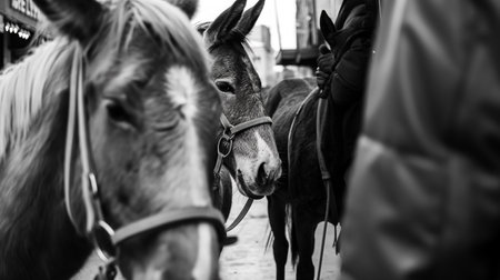 A monochrome street scene focuses on a horse and donkey, highlighting their expressions and textures in urban life.の素材
