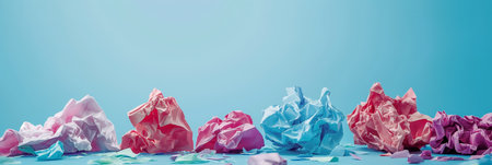 Colorful crumpled paper balls strewn across a bright blue background, suggesting creative brainstorming or frustration.の素材