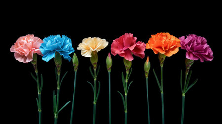 A stunning array of multicolored carnation flowers lined up in a row, each bloom presenting a unique color against a dark, contrasting background.の素材