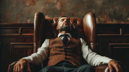 A businessman in a vest and tie reclines peacefully in a grand leather chair, taking a break from work.の素材