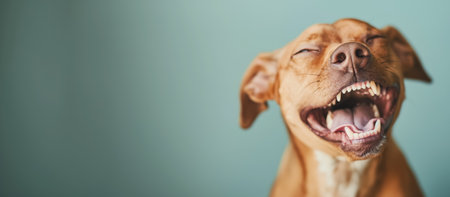 A blissful brown dog with its eyes closed, mouth open wide, as if laughing or singing with joy.の素材