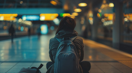A lone traveler sits on the floor at a train station with luggage, waiting, surrounded by the station's evening glow.の素材