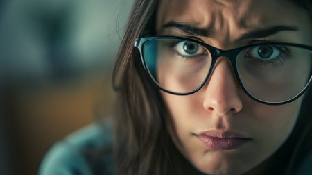 Close-up of a woman with glasses displaying a skeptical expression, her eyes filled with inquisitive doubt.の素材