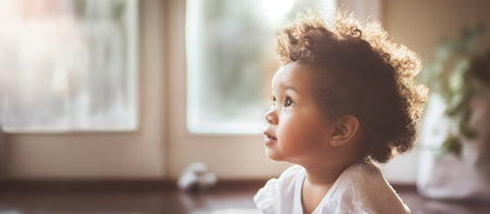 A little girl with curly hair looks out the window with wonder, her eyes reflecting a sense of curiosity and innocence.の素材
