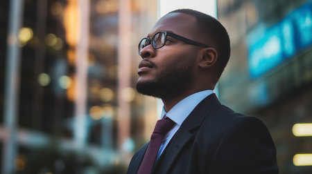 A focused businessman in a suit looks up thoughtfully amidst the towering buildings of an urban cityscape during twilight.の素材