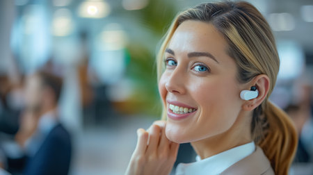A professional woman wearing a wireless earbud smiles in an office environment, indicating connectivity and business communication.の素材