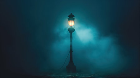 Single streetlamp illuminates a foggy night, casting a soft, eerie glow. The mist creates a mysterious and atmospheric scene, emphasizing the isolation and quietness of the setting.の素材
