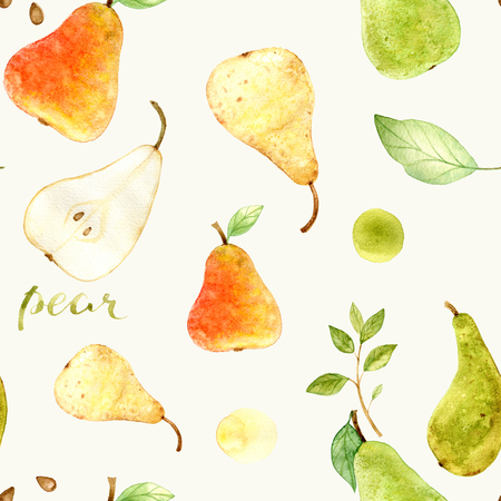 Watercolor fruits pear painting on white background. Eco, fresh, organic food. Watercolor hand drawn. Seamless patternの写真素材