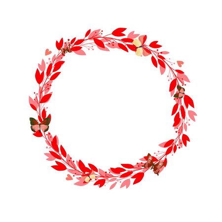 Vector floral frame on white background.  Wreath with leaves and flowers. Bright colorful spring.  のイラスト素材
