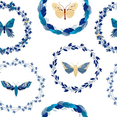 Vector floral seamless pattern on white background. Wreath with leaves and flowers. Bright colorful spring.のイラスト素材