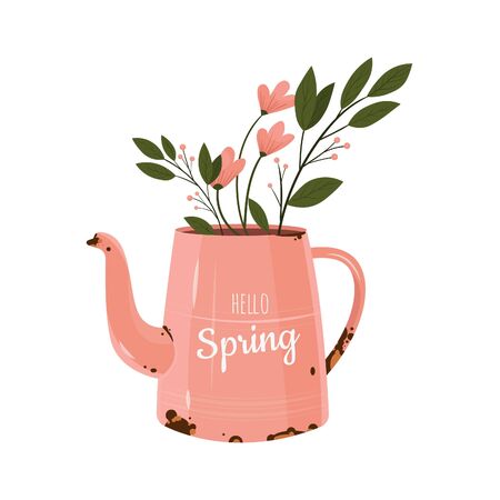 Hello Spring vector illustration. Hand drawn elements - watering can, leaves branches, flower.のイラスト素材