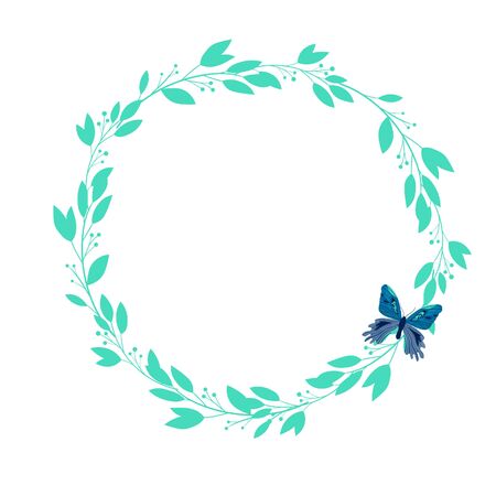 Vector leaves wreath with colorful butterfly in trendy color 2020. Springのイラスト素材