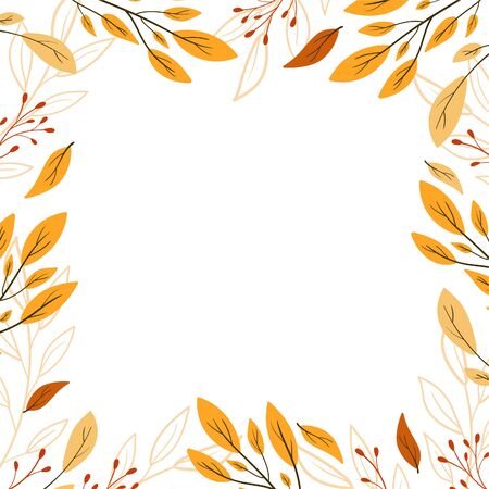 Frame of colorful autumn leaves and berries. Fall season. Forest. Simple cartoon flat style. Vector illustrationのイラスト素材