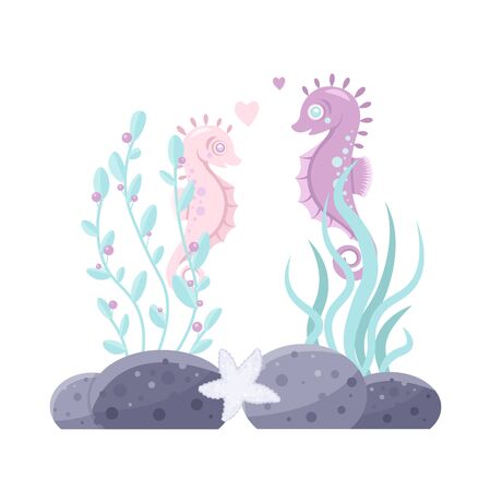 Vector sea animal. Little animal sea horse. Cartoon illustration of marine life objects for your design. Isolated elements for kids book decoration, postcard, educational game, sticker.のイラスト素材