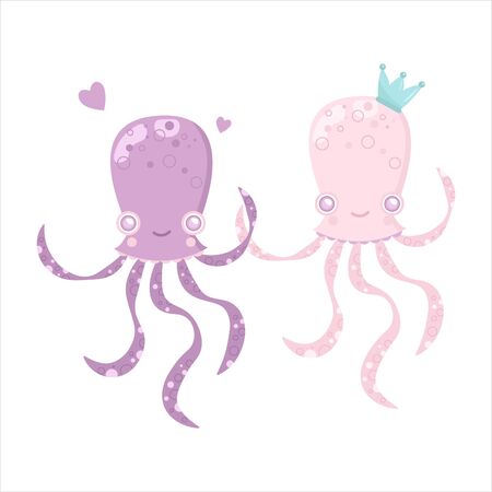 Vector sea animal. Little animal octopus jellyfish. Cartoon illustration of marine life objects for your design. Isolated elements for kids book decoration, postcard, educational game, sticker.のイラスト素材