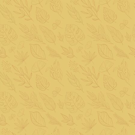 Tropical leaves seamless pattern. Palm, fan palm, monstera, banana leaves in line style. Sketches of tropical leaves for design.のイラスト素材