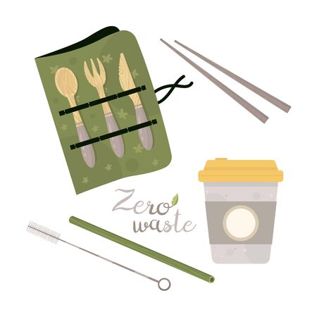 Zero waste lifestyle elements - cup, bamboo straw, brush, spoon, fork, knife, sushi sticks . Vector cute illustration. Reusable and recyclable eco items. Plastic free. Go green.のイラスト素材
