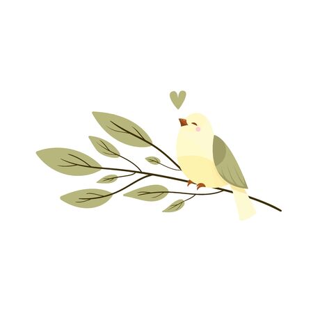 Vector cute bird on the branch isolated on white background. Spring, summer.のイラスト素材