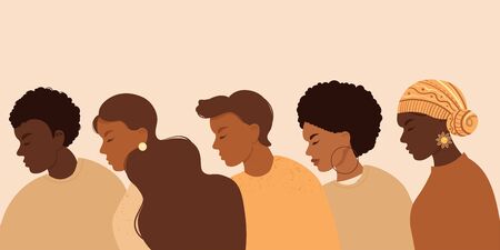 Stop racism. Black lives matter, we are equal. No racism concept. Flat style. Different skin colors. Supporting illustration. Vector.のイラスト素材