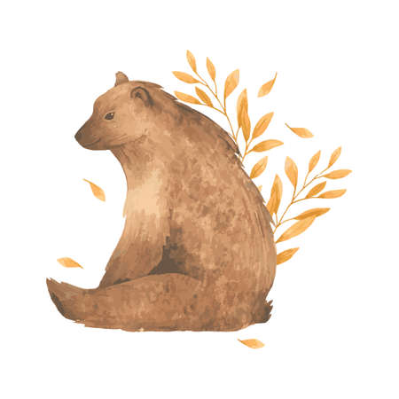 Watercolor autumn bear in leaves. Vector illustration leaves.のイラスト素材