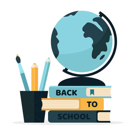 Back to School supplies colourful globe, books, pencils. Vector illustration.のイラスト素材
