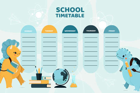 School timetable with cute happy dino illustration.