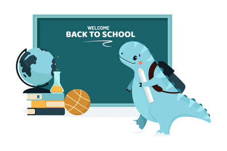 Back to School animal dinosaur and blackboard. Vector illustration.のイラスト素材