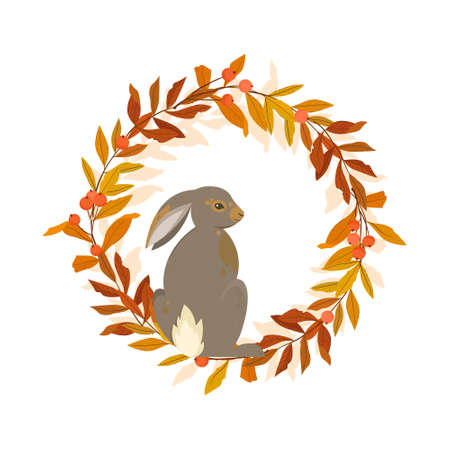 Autumn wreath with rabbit and colorful leaves. Vector illustration.のイラスト素材