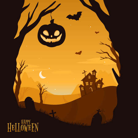 Creepy happy halloween party invitation background. Flat vector.のイラスト素材