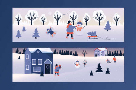 Winter Christmas Flat design banners template. Landscape Vector Backgroundのイラスト素材
