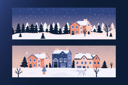 Winter Christmas Flat design banners template. Landscape Vector Backgroundのイラスト素材