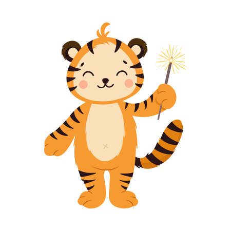 Cute striped orange tiger with sparkler. The year of the Tiger. Happy New Year 2022. Chinese New Year.のイラスト素材