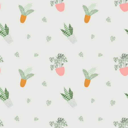 Pattern of trendy decorative house plants. Tropical leaves in flowerpot.のイラスト素材