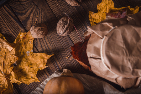 Walnuts on a wooden table. The view from the topの写真素材