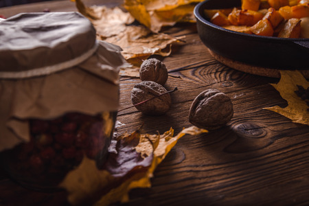 Walnuts on a wooden tableの写真素材