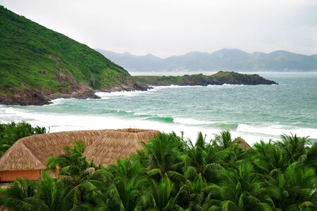 Scenic Marine Landscape. View of the sea, palm trees and mountains. roof of palm trees. Vietnam.の写真素材