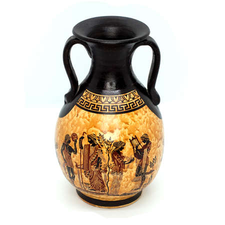 Ancient Greek reproduced vase with ornament isolated on white background. pottery: ceramic amphoraの写真素材
