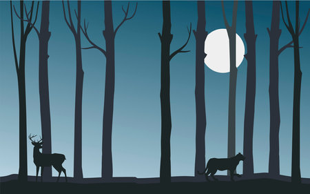 <p>Silhouette of deer in the forest at night. Vector illustration</p>のイラスト素材