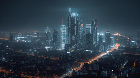 Shanghai skyline at night with urban buildings and light trails.の素材